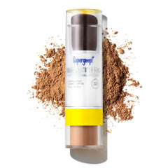 Supergoop! Re:setting mineral powder deep bottle, on-the-go SPF 35 protection for makeup wear.