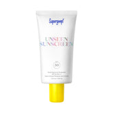Supergoop Unseen Sunscreen bottle close-up shows clear, weightless finish for makeup prep