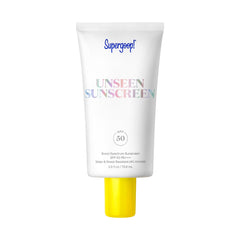 Supergoop Unseen Sunscreen bottle close-up shows clear, weightless finish for makeup prep