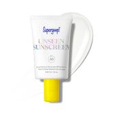 Supergoop! Unseen Sunscreen bottle demonstrates invisible SPF protection for all skin tones.