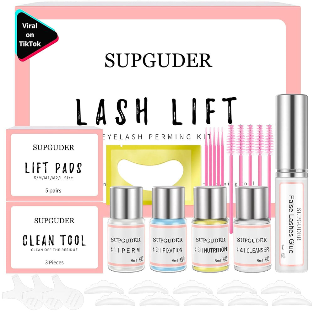Supguder lash lift kit unboxing shows organized tools for salon-grade results.