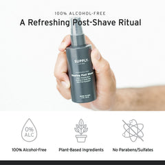 Supply Healing Post Shave fragrance-free label marks fragrance-free care for sensitive skin.