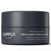 Supply Ultra Lather shaving cream jar front shows fragrance-free formula for sensitive skin.
