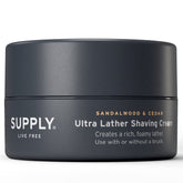 SUPPLY Ultra Lather Shaving Cream jar showing rich cream for a smooth shave.