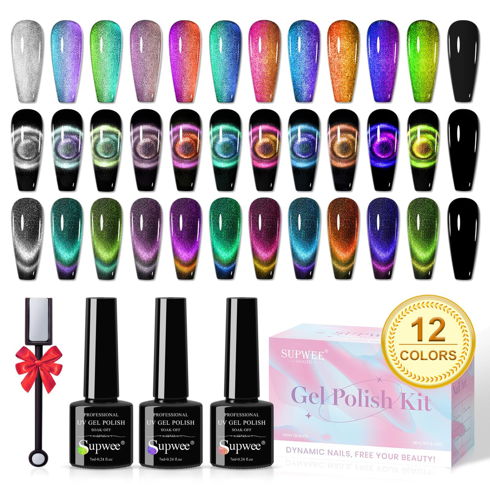 SUPWEE Cat Eye Gel Nail Polish Set front packaging shows 12 colors for home manicures.