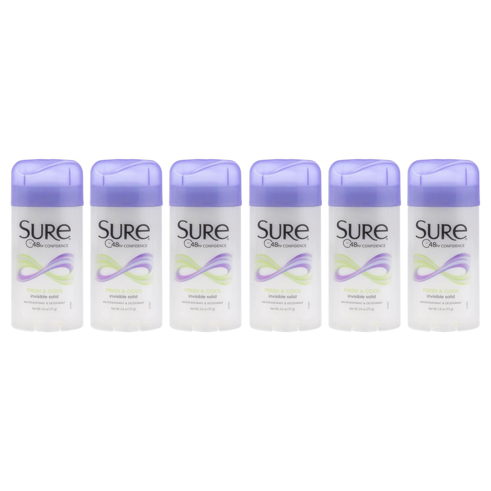 Sure deodorant pack of six 2.6-ounce sticks showing invisible solid formula for all-day freshness.