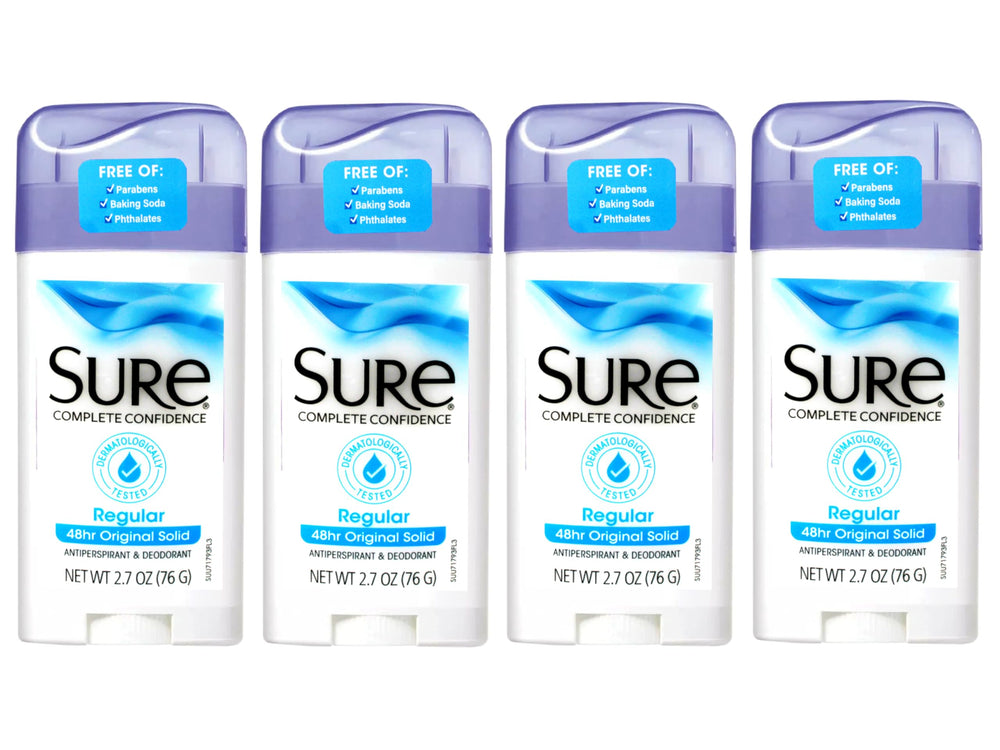 Sure Original solid-deodorant four-pack packaging for everyday protection and convenience.