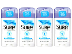 Sure Original solid-deodorant four-pack packaging for everyday protection and convenience.