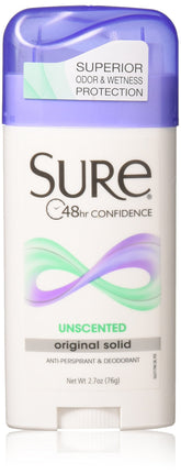 Sure Original Solid Unscented deodorant pack3 front view highlights all-day protection
