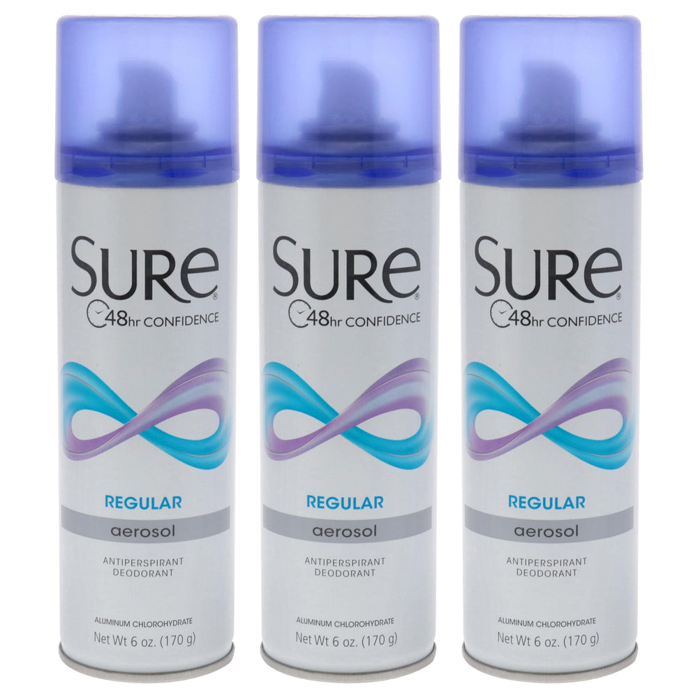 Sure Regular Scent aerosol deodorant bottle illustrating trusted protection and quick-drying action.