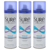 Sure Regular Scent aerosol deodorant bottle illustrating trusted protection and quick-drying action.
