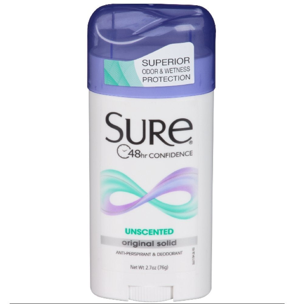 Sure Wide Anti-Perspirant Original Solid Unscented product image highlighting all-day protection without fragrance