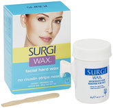 Surgiwax facial hard wax jar shows compact 1 oz packaging for at-home waxing.