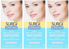 Surgiwax Surgi-Cream Hair Remover tubes shown for quick facial hair removal at home.