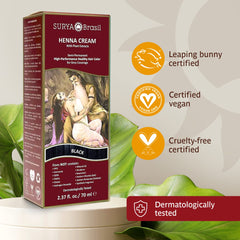 Surya Brasil Henna Cream black-shade close-up emphasizes semi-permanent color and shine.