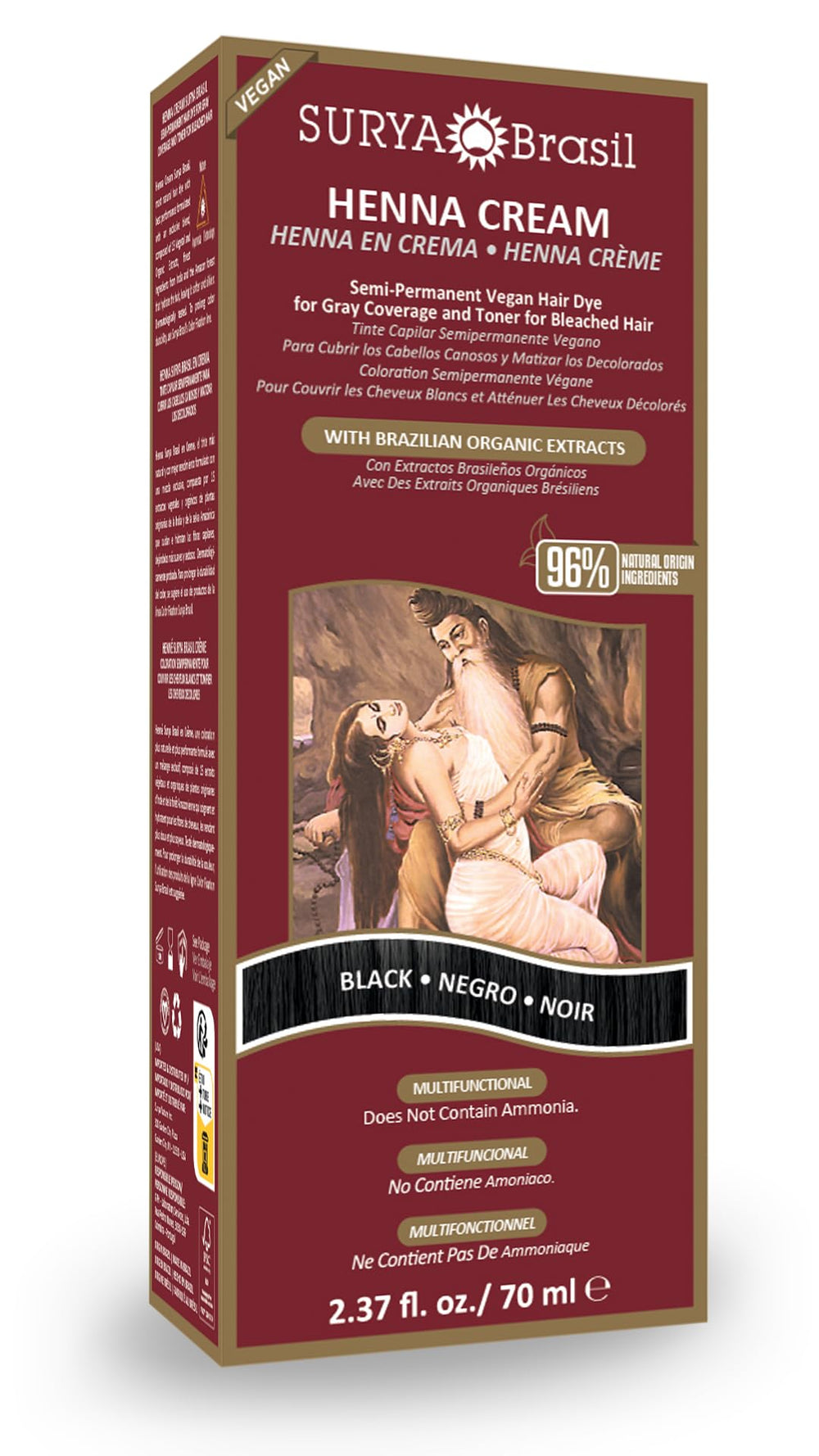 Surya Brasil Henna Cream box view highlights vegan, cruelty-free color and conditioning.