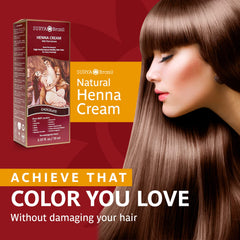 Surya Brasil Henna Cream Chocolate application image highlights easy, mess-free mixing for home coloring.