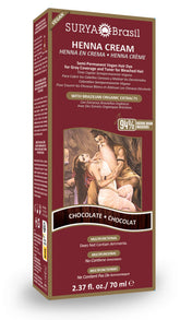 Surya Brasil Henna Cream Chocolate box showcases cruelty-free vegan formula for color-treated hair.