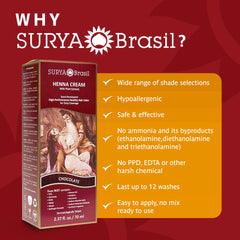 Surya Brasil Henna Cream Chocolate squeeze bottle shown with gloves for safe hair coloring.