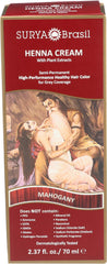 Surya Brasil Henna Cream Mahogany box front shows cruelty-free packaging for color-safe dye