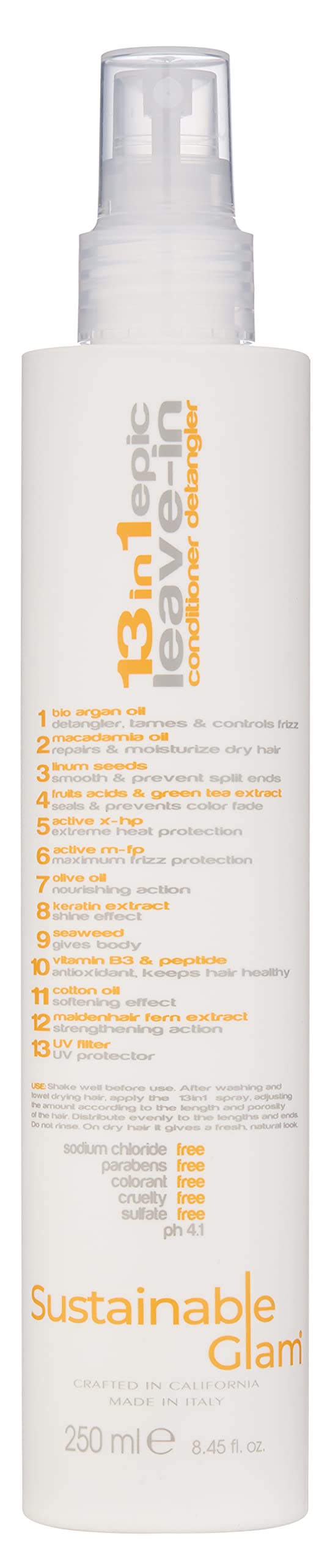 Sustainable Glam Epic Leave-In Conditioner bottle front shows keratin and oils for detangling