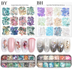 SUTOZMIWE Aurora Shell Glitter Flakes holographic-reflections shimmer under lighting for dynamic nail art.