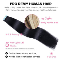 SUYYA tape-in hair extensions Jet Black blue tape detail for easy attachment.