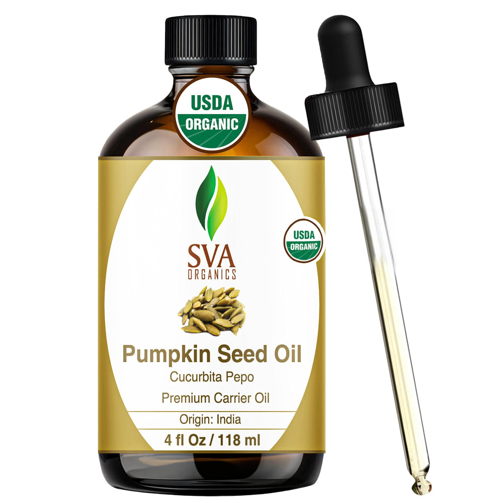 SVA Organics pumpkin seed oil bottle nourishes skin and scalp.
