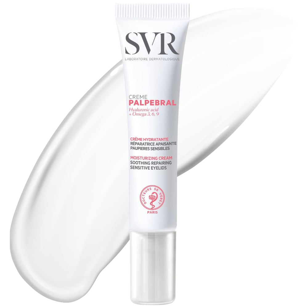 SVR Palpebral Eye Cream packaging showcases fragrance-free, dermatologist-tested formula for sensitive eyes.