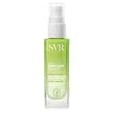 SVR Sebiaclear serum bottle closeup shows oil-control formula for sensitive skin.
