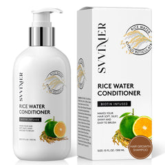 Svvimer Rice Water Conditioner bottle highlights stronger-looking hair.