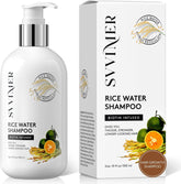 Svvimer rice water shampoo bottle shows gentle cleansing and sulfate-free formula.