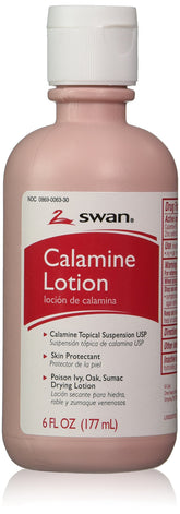 Swan Calamine Lotion 6oz bottle for temporary itch relief.
