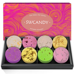 SWCANDY Shower Steamers packaging close-up showing gift-ready presentation.