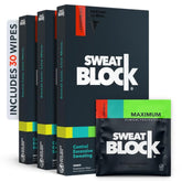 SweatBlock antiperspirant wipes pack shot showcasing long-lasting dryness and confidence.