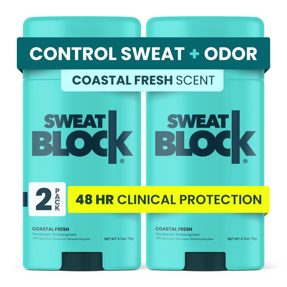 SweatBlock coastal-fresh deodorant packaging for daily use.