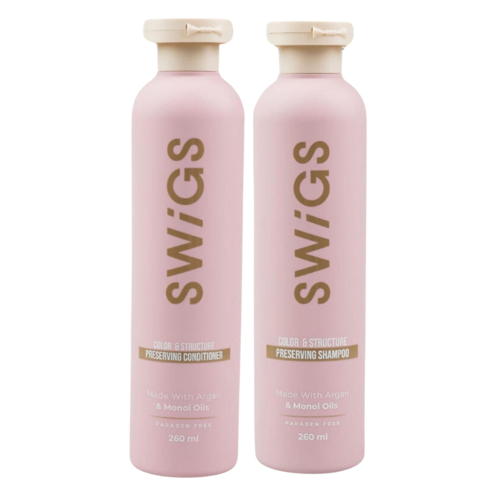 SWIGS shampoo bottle closeup for color-safe wig cleansing.