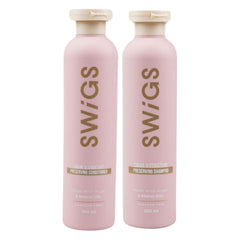 SWIGS shampoo bottle closeup for color-safe wig cleansing.