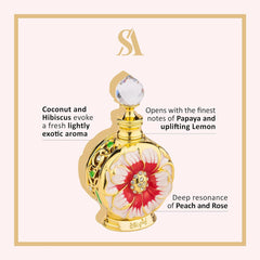 Swiss Arabian Layali Rouge coconut hibiscus finish adds depth for sensual night wear.