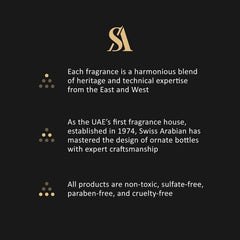 Swiss Arabian Rasheeqa musk cedarwood base bottle emphasizes warm, lasting depth.