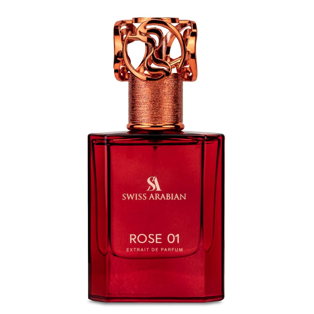 Swiss Arabian Rose 01 bottle closeup highlighting luxurious design and long-lasting fragrance.