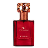 Swiss Arabian Rose 01 bottle closeup highlighting luxurious design and long-lasting fragrance.