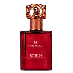 Swiss Arabian Rose 01 bottle closeup highlighting luxurious design and long-lasting fragrance.