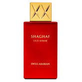 Swiss Arabian Shaghaf Oud Ahmar bottle with warm amber tones for elegant evening wear.