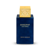 Swiss Arabian Shaghaf Oud Azraq bottle front on luxurious surface for evening wear