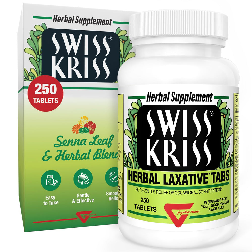 Swiss Kriss Herbal Laxative Tablets bottle front for natural constipation relief