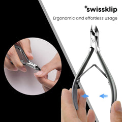 Swissklip cuticle remover tool close-up showing efficient nail prep and clean cuticle edges.
