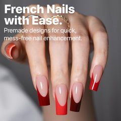 SXC French Tip Nails Red Series kit layout showing 150 pieces and 15 sizes