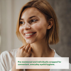 Systane Lid Wipes being applied along the eyelid for gentle cleansing.
