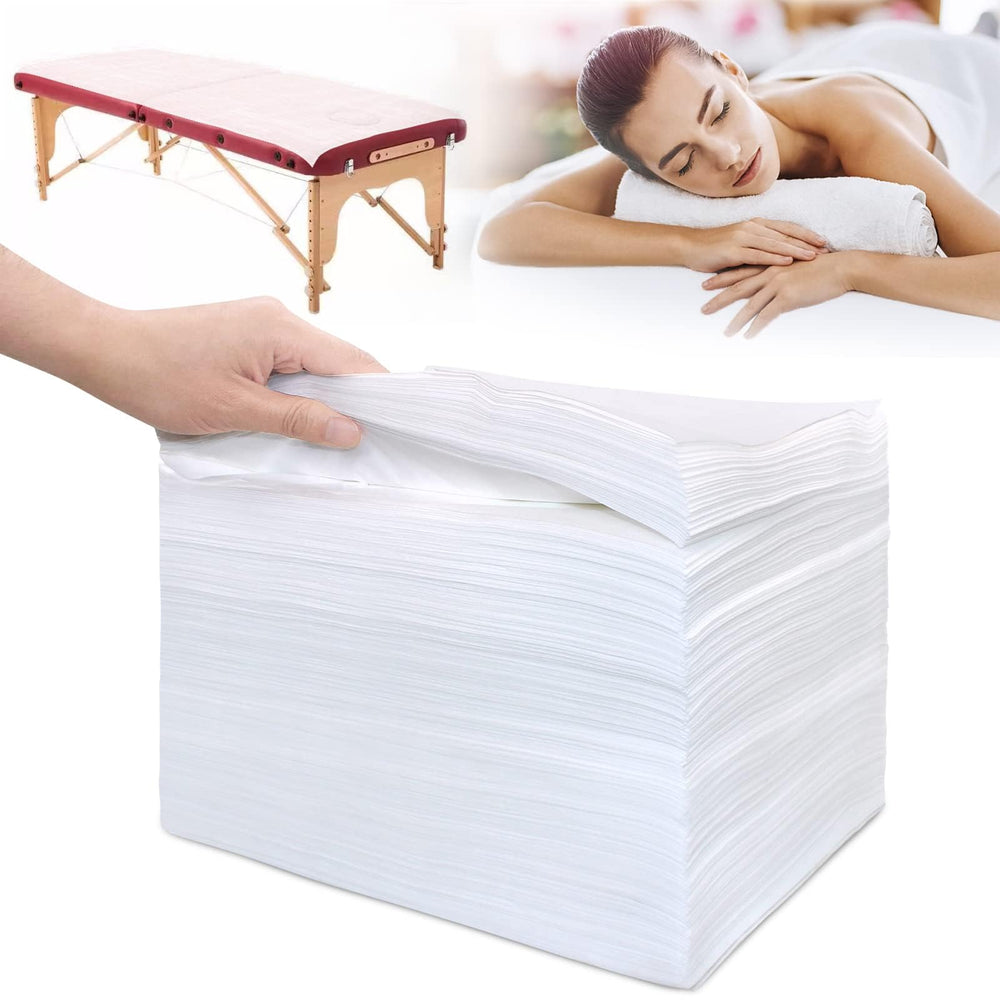 SZHZTEL disposable massage table sheets close-up of soft white fabric for hygienic spa sessions.
